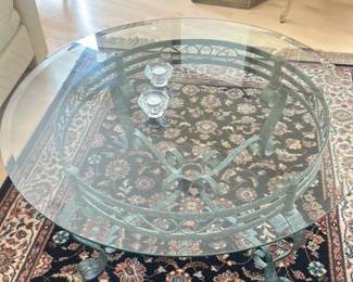 Round Glass Top Coffee Table with Ornate Metal Base 