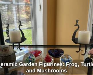 Assorted Table Decor: Animal Statues, Peacock Candle holders, Glass Paper weights 