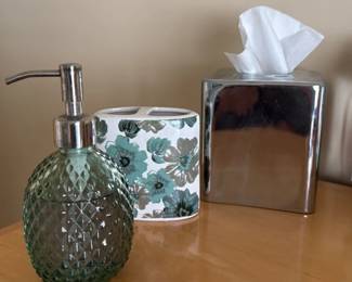 Vintage Glass Soap Dispenser with Floral Toothbrush Holder and Chrome tissue Box 