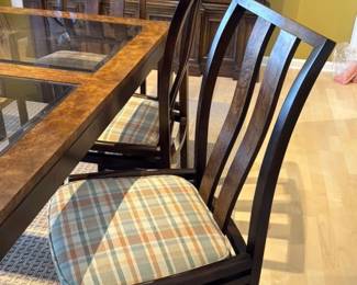 Modern Dining Table and Chairs Set with Burl Wood and Glass top 