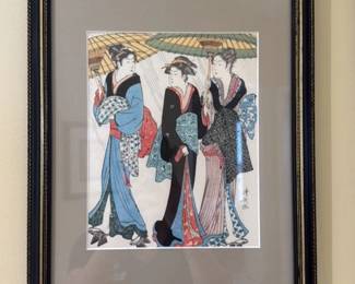 Woodblock Print of Three Women in Kimonos with Umbrellas