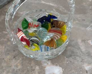 Glass Candy Basket with Assorted Glass Candy Figurines 