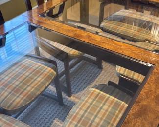 Modern Dining Table and Chairs Set with Burl Wood and Glass top 