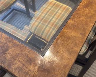 Modern Dining Table and Chairs Set with Burl Wood and Glass top 