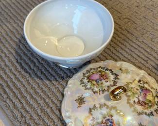 Vintage German Porcelain Lidded Bowl with Rococo Scene Decoration