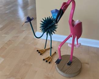 Metal Flamingo & Metal Bird Sculpture 