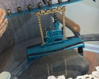 Vintage Teal and Gold Hanukkah Menorah with Figures