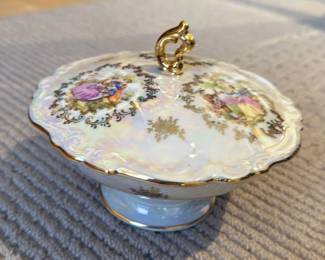 Vintage German Porcelain Lidded Bowl with Rococo Scene Decoration