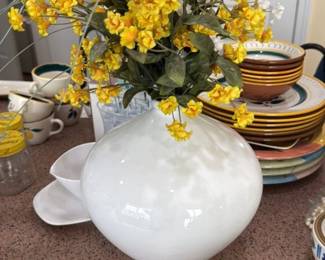 White Swirl Ceramic Vase with Faux Yellow Flowers 