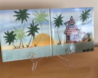 Hand Painted Ceramic Tiles Tropical Beach Scene 