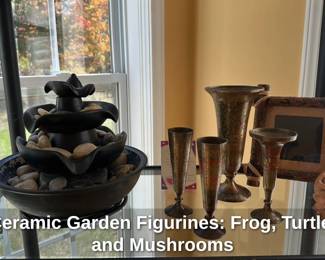 Assorted Table Decor: Fountain, Frames, Silver Drinkware, Animal Statues 