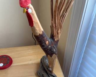 Hand Carved Wooden Rooster Sculpture on Driftwood Base 