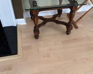 Vintage Glass Top Accent Table with Carved Wooden Base 