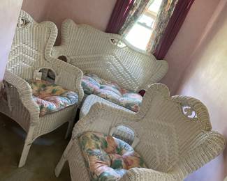 White wicker set, 2 chairs, small bench and table, $250