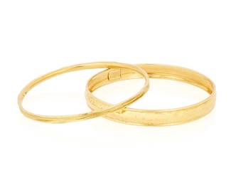 11
Ippolita: Two 18K Gold Bangles
Both featuring an organic hammered gold design, signed Ippolita
2 pieces

Measures: 7 3/4 in.
32.0 grams gross
Estimate: $1,800 - $2,500