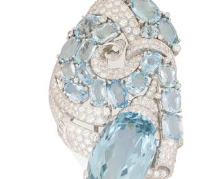 203
A Platinum, Synthetic Spinel, Aquamarine and Diamond Clip
Centering an oval synthetic blue spinel measuring approximately 30.00 x 17.62 x 11.56 mm accented by oval aquamarines and round and single-cut diamonds weighing approximately 4.00 carats, c.1950's

Measures: 2 3/4 in. x 1 5/8 in.
45.6 grams gross
Estimate: $3,000 - $5,000