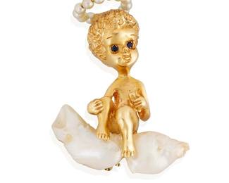 91
Ruser: A 14K Gold and Freshwater Pearl 'Sunday's Child' Brooch
Featuring an angel atop baroque freshwater pearl cloud, featuring round sapphire eyes, and a seed pearl halo, signed Ruser

Measures: 1 3/8 in. x 1 in.
13.3 grams gross
Estimate: $1,000 - $2,000