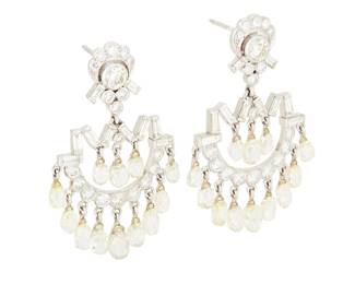149
A Pair of White Gold and Diamond Earrings
Of a chandelier design set with round and baguette diamonds weighing approximately 4.50 carats, suspending twenty-four briolette diamonds weighing approximately 11.00 carats
2 pieces

Measures: 1 3/4 x 1 1/8 in.
16.3 grams gross
Estimate: $9,000 - $12,000