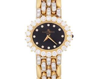 283
Baume & Mercier: An 18K Gold and Diamond Watch
Dial: 19.00 mm, oval black with diamond inset hour markers
Case: 27.00 mm
Case number:  955, 18235, 1562084
Closure: gold strap, clasp and dial accented by round diamonds weighing a[pproxuiamtely 4.12 carats
Signed: Dial, case and clasp

Inner circumference: 7 in.
53.6 grams gross
Estimate: $4,000 - $6,000