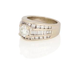 256
A 14K White Gold and Diamond Ring
Centering a round diamond weighing approximately 1.00 carat, accented by round and baguette diamonds weighing approximately 1.60 carats

Size: 6
12.4 grams gross
Estimate: $2,000 - $3,000