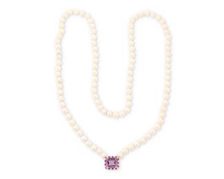 81
A 14K Rose Gold, Amethyst and Cultured Pearl Necklace
Of a single strand, that can be converted into two shorter strands of cultured pearls measuring approximately 8.60 mm, centering an enhancer featuring emerald-cut amethyst weighing approximately 11.82 carats, encircled by round diamonds and amethyst

Length: 40 in. (or two at 20 in. each)
101.8 grams gross
Estimate: $2,000 - $3,000