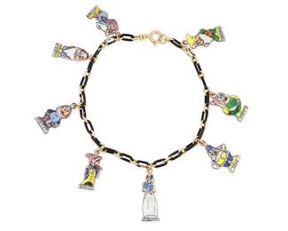 180
An 18K Gold and Enamel Charm Bracelet
A gold and black enamel chain link bracelet suspending eight copper and enamel Snow White and the Seven Dwarves charms

Length: 8 in.
17.1 grams gross
Estimate: $2,200 - $2,800