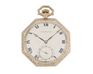 268
J.E.Caldwell: A 14K White Gold Pocket Watch and Chain
Dial: round with Roman numeral hour markers
Movement: D235313 Agassiz W.G.
Case number: 025025
Signed: dial and movement

Size: 18s, Chain: 13 in.
61.2 grams gross
Estimate: $2,500 - $3,500