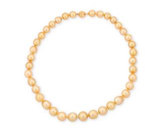 152
A 14K Gold and Colored Cultured Pearl Necklace
Of a single strand design featuring golden cultured pearls measuring approximately 9.93 - 12.58 mm, finished with a 14k gold ball clasp

Length: 18 1/2 in.
70.8 grams gross
Estimate: $2,000 - $3,000