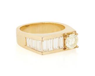 20
A 14K Gold and Diamond Ring
Featuring a round brilliant-cut diamond weighing approximately 1.05 carats, accented by baguette diamonds weighing approximately 1.45 carats

Size: 9 1/2
12.0 grams gross
Estimate: $1,500 - $2,500