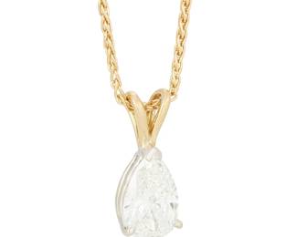223
A 14K Bi-Color Gold and Diamond Pendant Necklace
Featuring a pear brilliant-cut diamond weighing 2.03 carats, suspended from a woven gold chain

Length: 14 in.
5.2 grams gross

Accompanied by a GIA Report numbered #12661975, dated August 14, 2025, stating the diamond as Natural with a color grade of G and a clarity grade of VS2, no fluorescence.
Estimate: $7,000 - $9,000