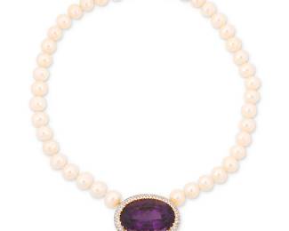 78
A Gold, Amethyst, Cultured Pearl and Diamond Necklace
Featuring a single strand of cultured pearls measuring approximately 9.50 mm, centering an oval amethyst weighing approximately 55.30 carats, encircled by round diamonds weighing approximately 1.30 carats

Length: 16 in., Pendant: 1 1/2 x 1 1/8 in.
80.0 grams gross
Estimate: $4,000 - $6,000