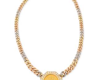 21
An 18K Gold, Coin and Diamond Necklace
Centering a Venetian gold "Venetvs Marcvs Santvs" coin finished with a tri-color gold curb link chain, all accented by round diamonds weighing approximately 2.00 carats, c. 1970's

Length: 17 in., Pendant: 1 3/8 x 1 3/8 in.
88.3 grams gross
Estimate: $12,000 - $18,000