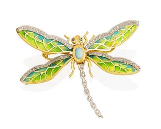 164
An 18K Gold and Plique-à-Jour Enamel Dragonfly Brooch
Of a dragonfly design featuring en tremblant wings of plique-à-Jour green and blue enamel, centering an oval opal cabochon, finished with round diamond accents

Measures: 2 x 2 5/8 in.
24.0 grams gross
Estimate: $2,800 - $3,500