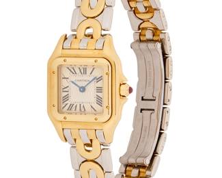 296
Cartier: An 18K Gold and Stainless-Steel 'Panthere' Watch
Dial: 13.3 mm
Model: limited edition Panthere
Case:21.88 mm
Case number: 0320/1847
Closure: stainless steel and 18k gold bracelet with butterfly clasp
Signed: clasp, dial and case with original pouch, with Insurance appraisal from Cartier dated July 15, 1997

Inner circumference: 6 1/4 in.
52.6 grams gross
Estimate: $2,000 - $3,000