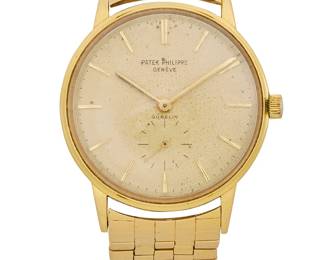 306
Patek: An 18K Gold 'Calatrava' Watch
Dial: 30.00 mm, round with baton hour markers
Movement: 27-460 no. 1111848
Case: 35.00 mm
Case number: 2625022
Closure: gold link bracelet with adjustable clasp closure
Signed: dial, clasp and movement

Inner circumference: 6 1/2 - 7 in.
77.0 grams gross
Estimate: $3,000 - $5,000