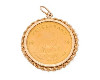 23
A Gold Coin Pendant
Featuring a 1974 22k gold South African Krugerrand coin set in a 14k gold rope chain frame

Measures: 2 x 1 1/2 in.
42.7 grams gross
Estimate: $3,500 - $4,500