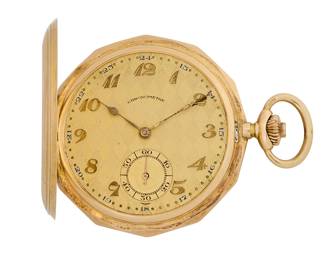 270
Chronometre: A 14K Gold Pocket Watch
Dial: round featuring a gold lattice design with Arabic hour markers, missing crystal
Case: 54 mm
Case number:  665670

Size: 18s
83.6 grams gross
Estimate: $2,200 - $2,800
