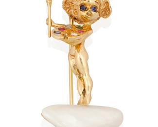90
Ruser: A 14K Gold, Freshwater Pearl and Gem-Set Brooch
Featuring an artist atop a baroque freshwater pearl holding a gem-set painters' palette, signed Ruser

Measures: 1 3/4 x 1 in.
13.8 grams gross
Estimate: $1,500 - $2,000
