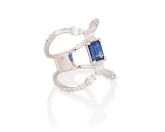 254
An 18K White Gold, Sapphire and Diamond Ring
Centering an emerald-cut sapphire weighing approximately 0.98 carat, accented by round and baguette diamonds weighing approximately 0.75 carat

Size: 8
6.0 grams gross
Estimate: $1,200 - $1,800
