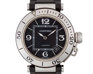 300
Cartier: A Stainless-Steel 'Pascha Seatimer' Watch
Dial: 30.00 mm, round with Panerai hour markers
Model: Pascha Seatimer, w3107702
Case: 40.00 mm
Case number: 475057NX
Closure: stainless and rubber strap with butterfly clasp
Signed: dial, case and clasp, with original box with papers, links

Inner circumference: 7 in.
160.6 grams gross
Estimate: $1,000 - $1,500