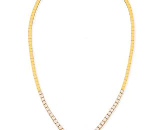 234
An 18K Gold and Diamond Necklace
Featuring graduated diamonds weighing approximately 5.16 carats of a chevron deisgn

Length: 17 in.
27.4 grams gross
Estimate: $4,000 - $6,000