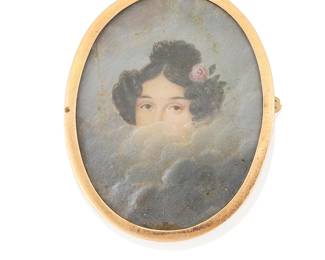 133
A 12K Rose Gold Portrait Brooch
Featuring a hand painted portrait of a women's "head in the clouds"

Measures: 2 x 1 5/8 in.
15.2 grams gross
Estimate: $800 - $1,200