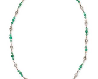 61
A 14K White Gold, Emerald and Diamond Necklace
Featuring round emerald beads measuring approximately 4.30 - 6.40 mm, accented by geometric links, set with rose-cut and single-cut diamonds

Length: 28 in.
42.4 grams gross
Estimate: $5,000 - $7,000