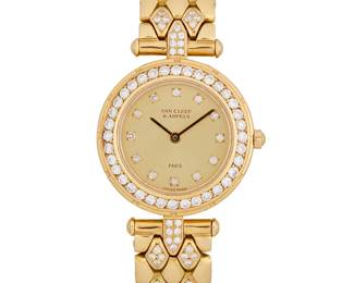 292
Van Cleef & Arpels: An 18K Gold and Diamond 'Classique' Watch
Dial: 17.50mm, round diamond with diamond inset hour markers, encircled by round diamonds weighing approximately 0.64 carat
Case: 24.30 mm
Case number: 13607, 53745
Closure: 18k gold and diamond set strap with butterfly clasp
Signed: dial, case and clasp, with purchase card 1990

Inner circumference: 6 3/4 in.
68.4 grams gross
Estimate: $8,000 - $12,000