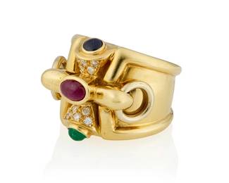 18
An 18K Gold, Ruby, Sapphire and Emerald Ring
Of a high polish design featuring an emerald, sapphire and ruby cabochon, accented by round diamonds and finished with two moveable rings

Size: 6
18.3 grams gross
Estimate: $2,500 - $3,500