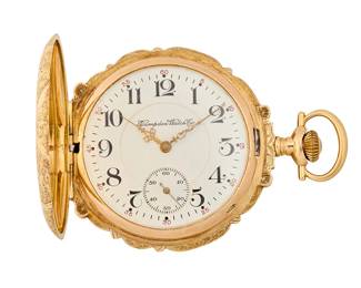 271
Hampden Watch Co.: A 14K Tri-Color Gold Pocket Watch
Dial: Featuring Arabic hour markers and one subsidiary dial
Case number: 413810, featuring a tri-color gold elk in foliage on front case
Signed: dial and case

Size: 18s
107.7 grams gross
Estimate: $2,000 - $3,000