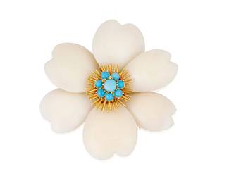 123
Van Cleef & Arpels: An 18K Gold, Coral and Turquoise Brooch
Of a floral design featuring carved white coral petals featuring a round turquoise cabochon center, with maker's mark and French assay marks

Measures: 2 1/8 x 2 1/8 in.
29.4 grams gross
Estimate: $12,000 - $18,000