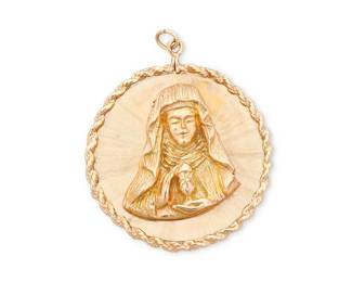 176
A 14K Gold Mother Mary Pendant
Featuring Mother Mary holding a chalice finished with a rope chain frame

Measures: 2 x 1 5/8 in.
24.2 grams gross
Estimate: $1,000 - $1,500
