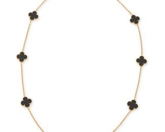 126
Van Cleef & Arpels: An 18K Gold and Onyx 'Alhambra' Necklace
Featuring ten quatrefoil onyx stations, signed VCA, N.Y.

Length: 31 in.
40.5 grams gross
Estimate: $5,000 - $7,000