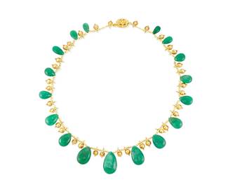48
A Gold and Emerald Necklace
Featuring graduated pear-shaped emerald beads measuring approximately 12.67 - 28.00 mm, accented by dangling gold domed disc elements

Length: 19 in.
52.9 grams gross
Estimate: $6,000 - $8,000